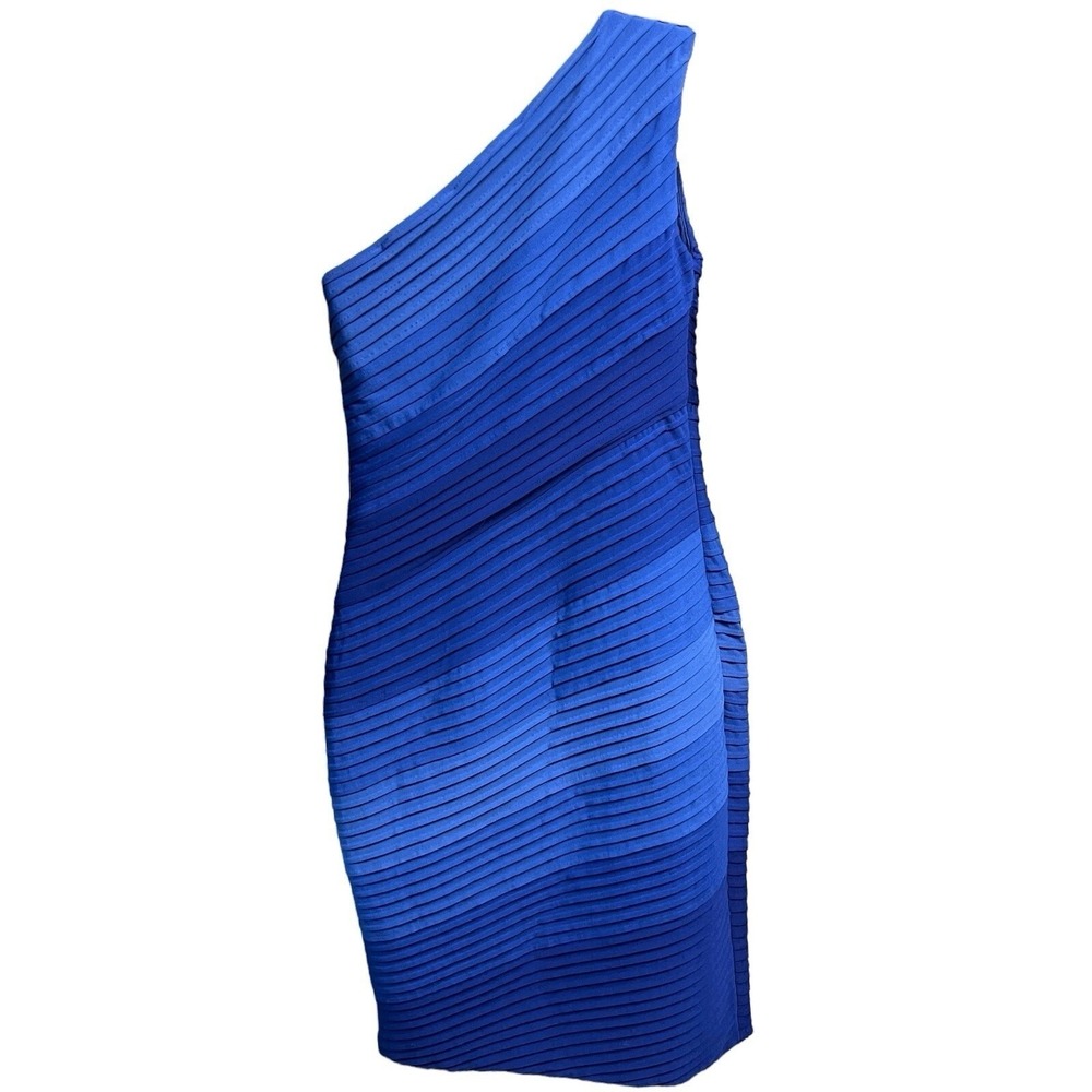Tadashi Shoji One Shoulder Dress M Blue Pleated Sheath Cocktail Wedding Guest - Picture 4 of 10